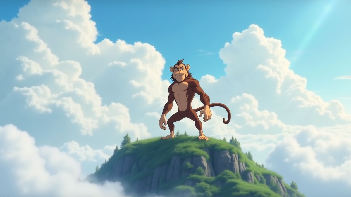 Le Roi Singe sur une montagne entouré de nuages.