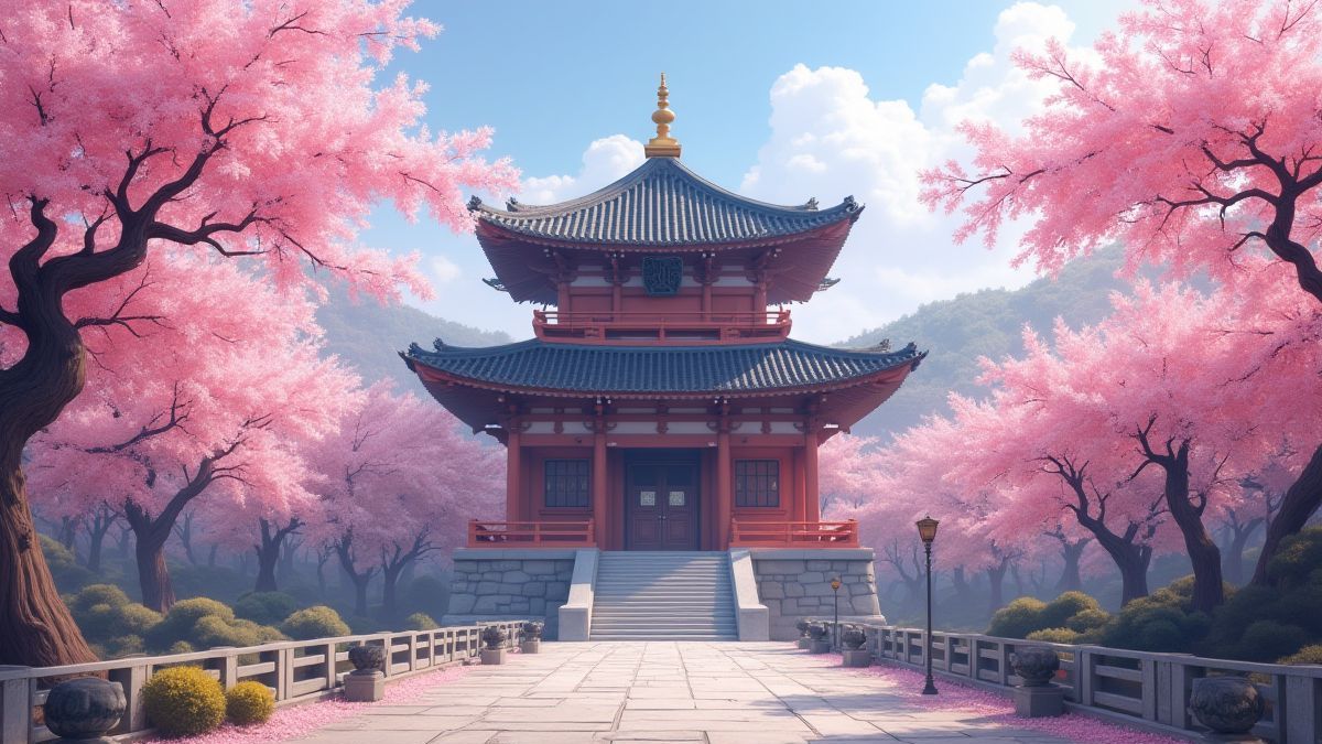 Temple asiatique entouré d'arbres de cerisier.
