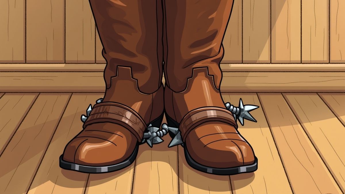 Cowboylaarzen met sporen op een houten vloer.