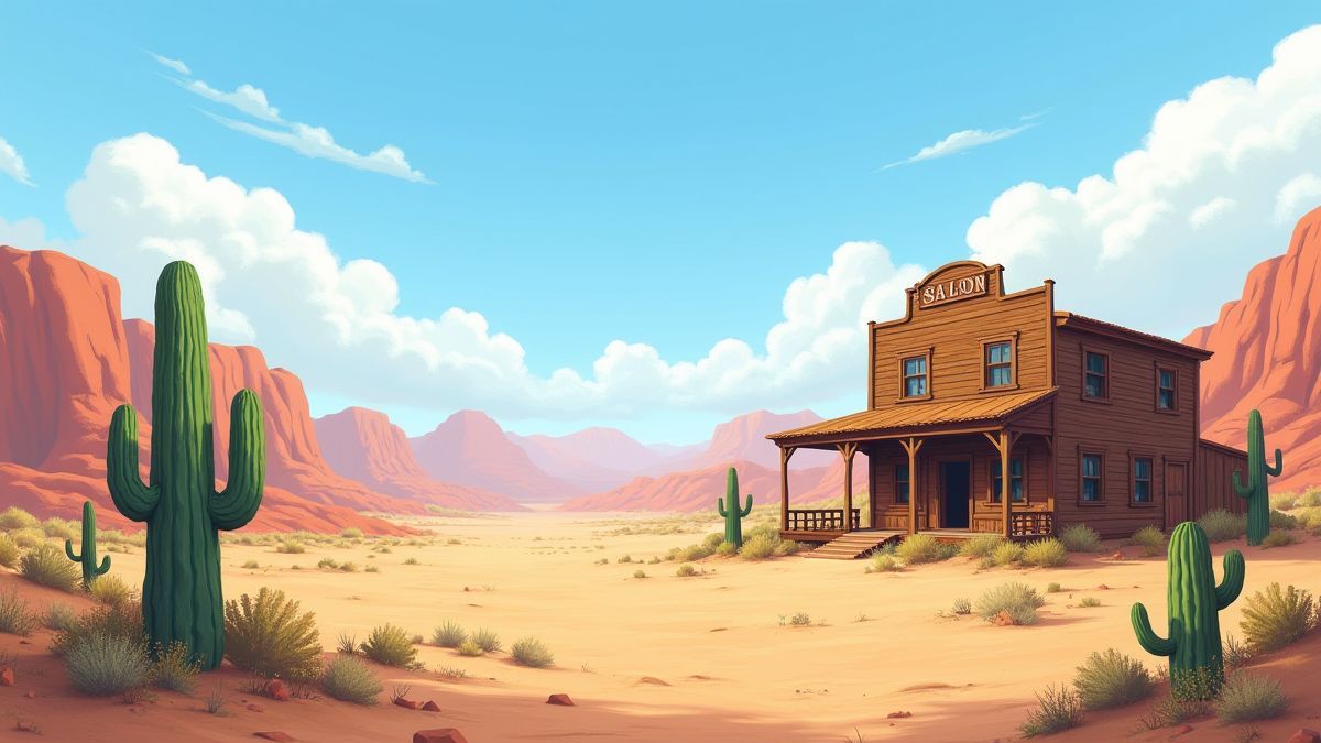 Woestijnlandschap met cactussen en een houten saloon onder een blauwe lucht.