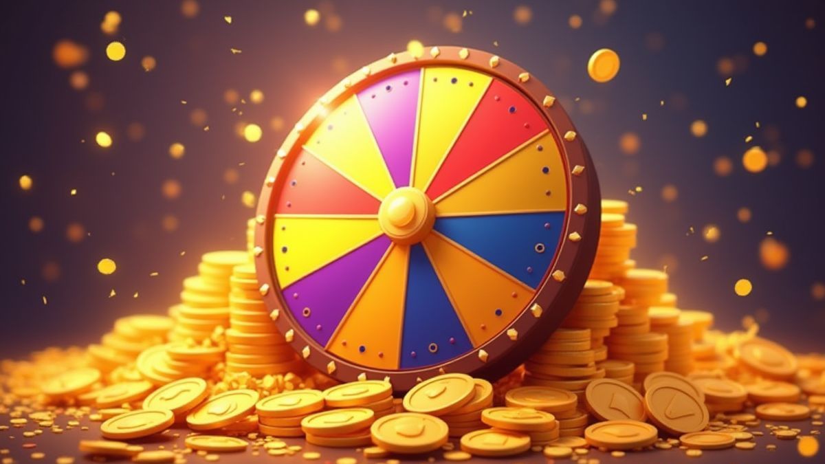 Prijzenrad omringd door gouden munten en confetti.