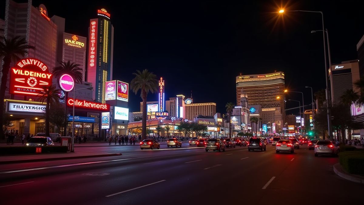 Luzes de néon iluminando o Strip de Las Vegas à noite.