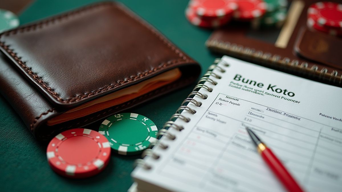 Carteira com fichas de cassino e um caderno de planejamento de orçamento.