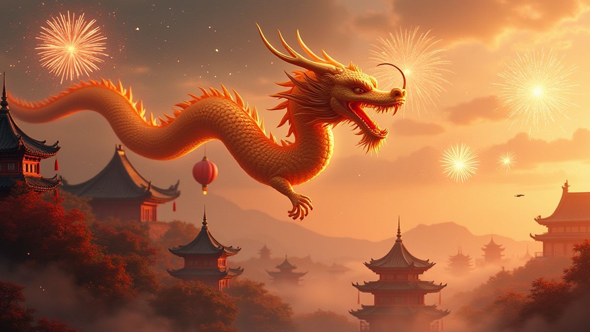 Dragon doré volant sur des temples chinois anciens avec des feux d'artifice.