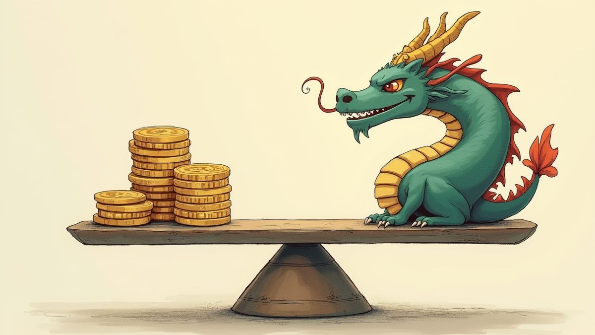 Balance avec des pièces d'un côté et un dragon de l'autre.