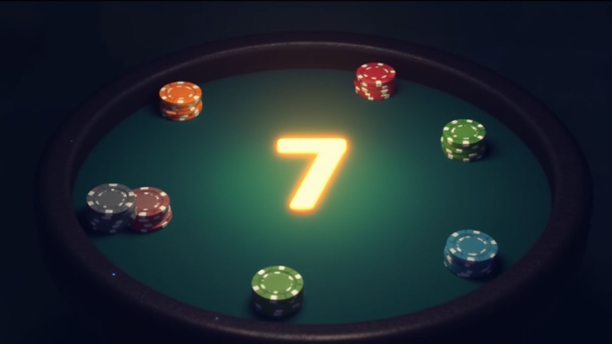Table de cartes animée avec des jetons et le numéro sept illuminé.