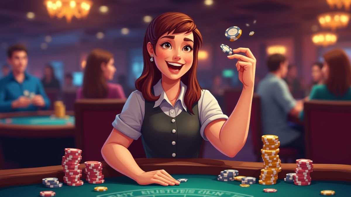 Joueur heureux gagnant des jetons à une table de casino.