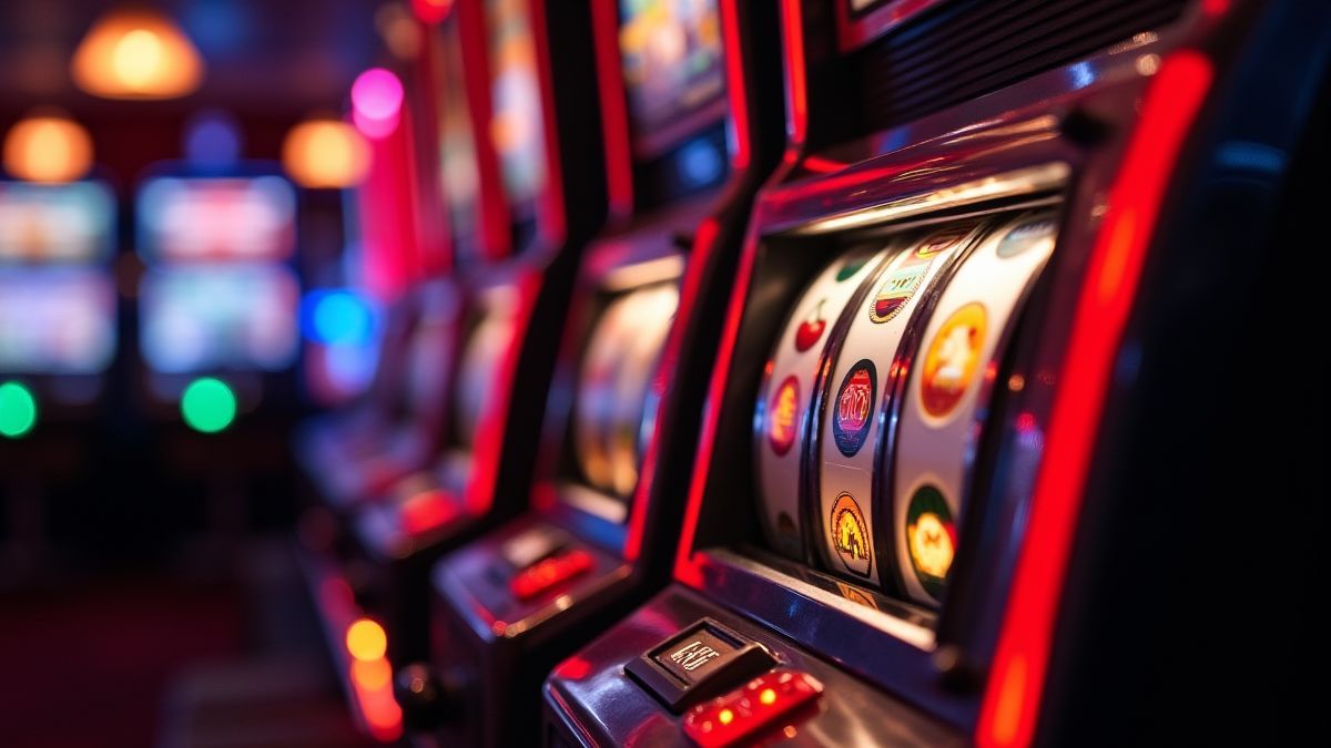 Retro slot machine with bright lights and classic symbols like cherries and bars.