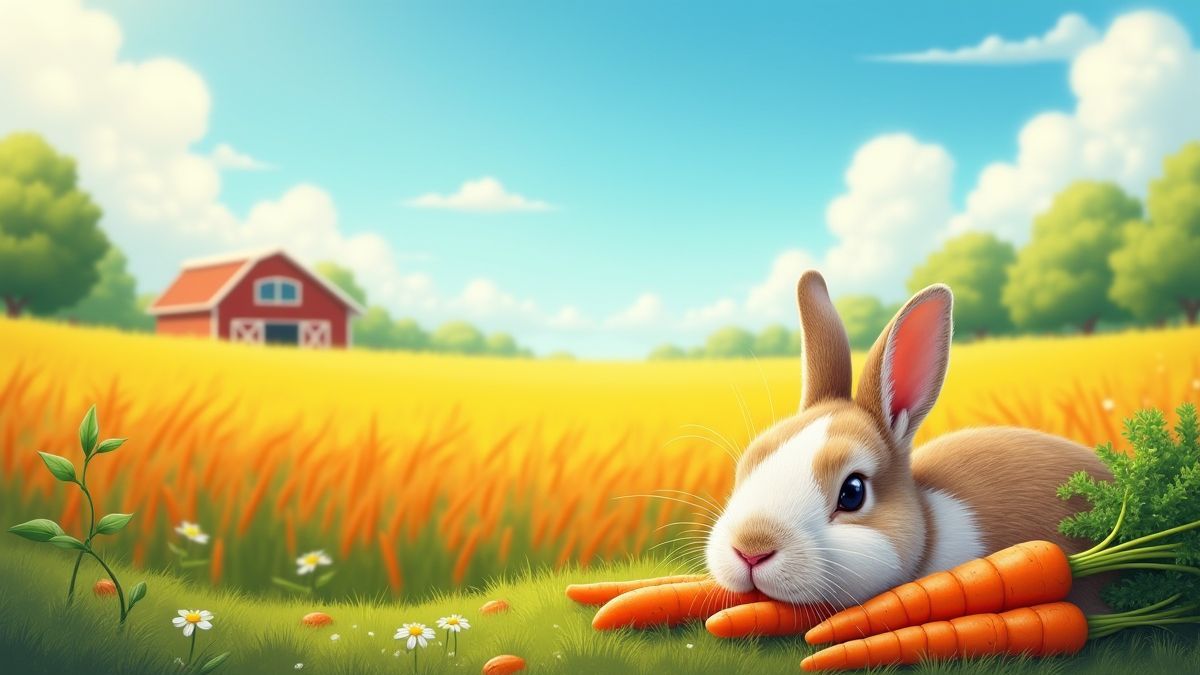 Paisagem de uma fazenda ensolarada com coelhos ao lado de cenouras douradas.