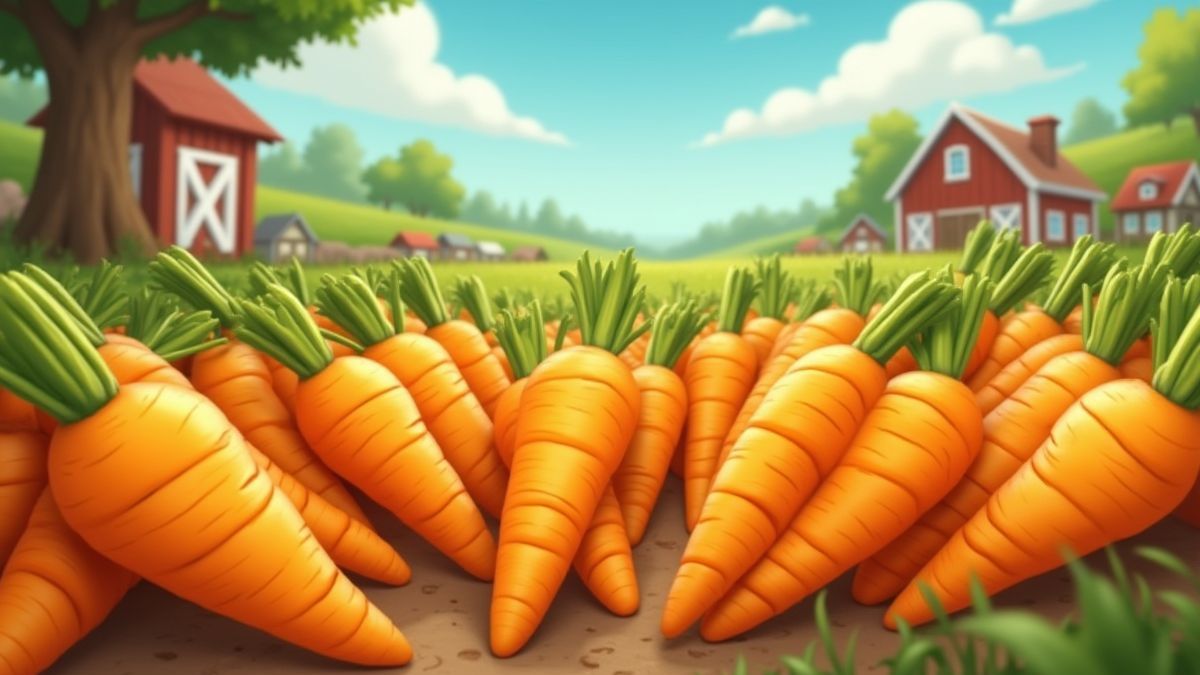 Cenouras douradas sendo coletadas em um cenário de fazenda animada.