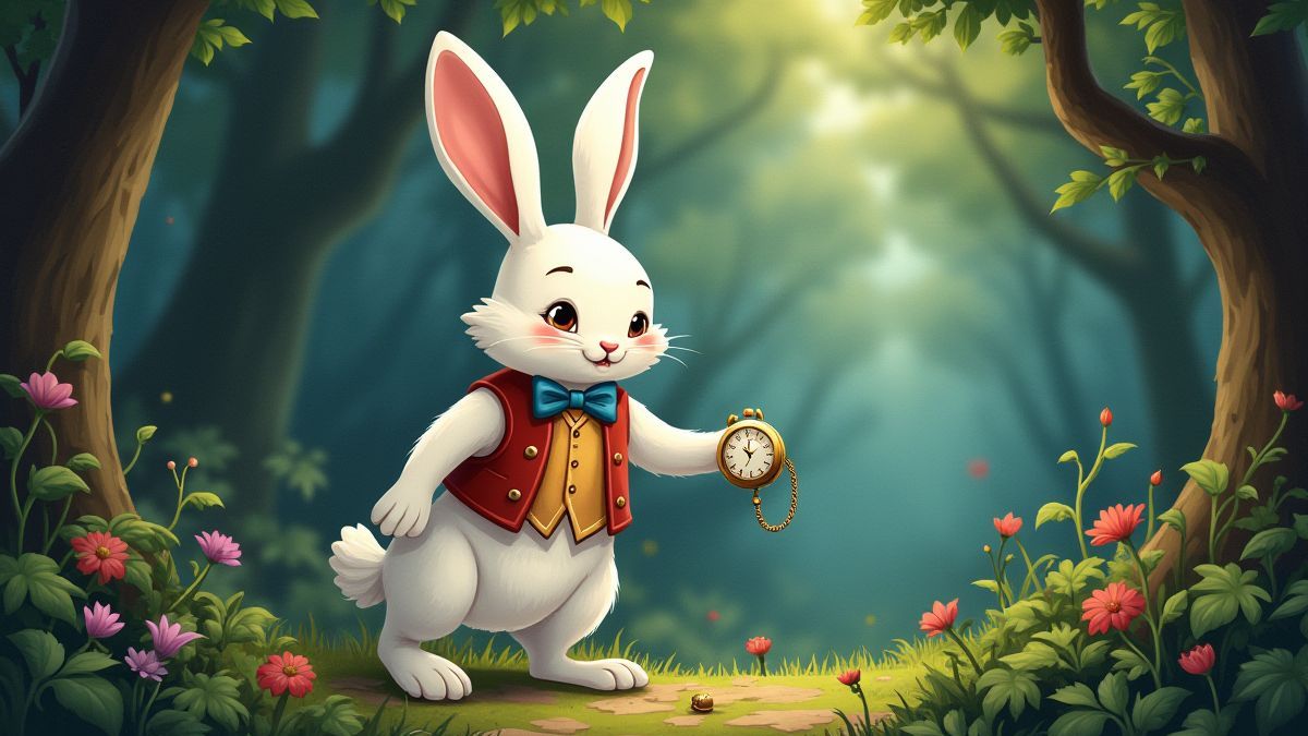 Um coelho branco com chaleco e relógio de bolso em uma floresta mágica.