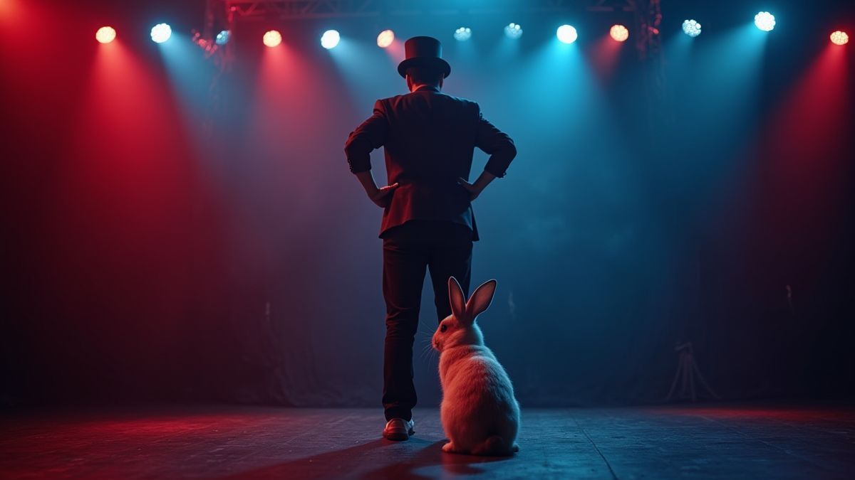 Un mago en el escenario con un conejo y luces de colores.
