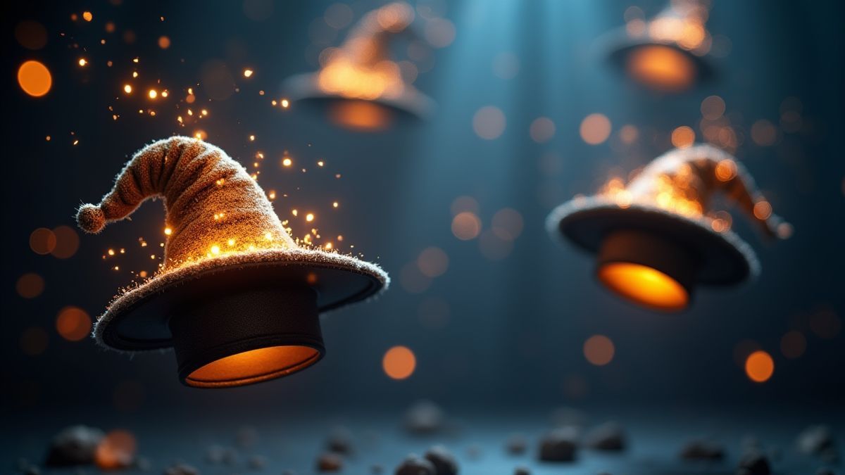 Sombreros mágicos flotantes brillando con destellos.