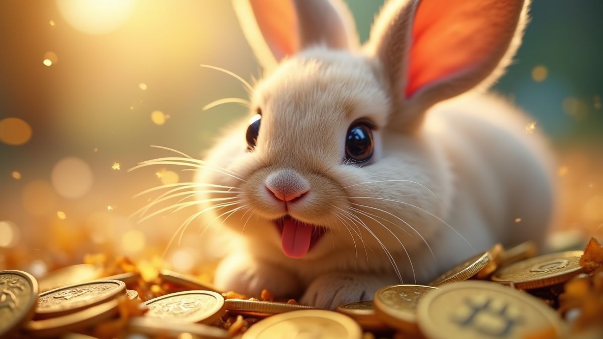 Un conejo alegre rodeado de monedas y destellos.