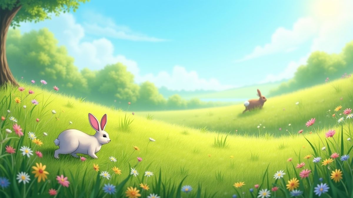 Um prado verde com flores coloridas e coelhos pulando sob um céu azul ensolarado.