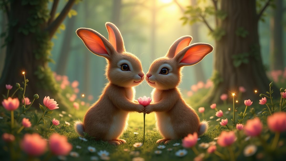 Um casamento mágico entre dois coelhos em uma floresta cheia de flores e luzes.