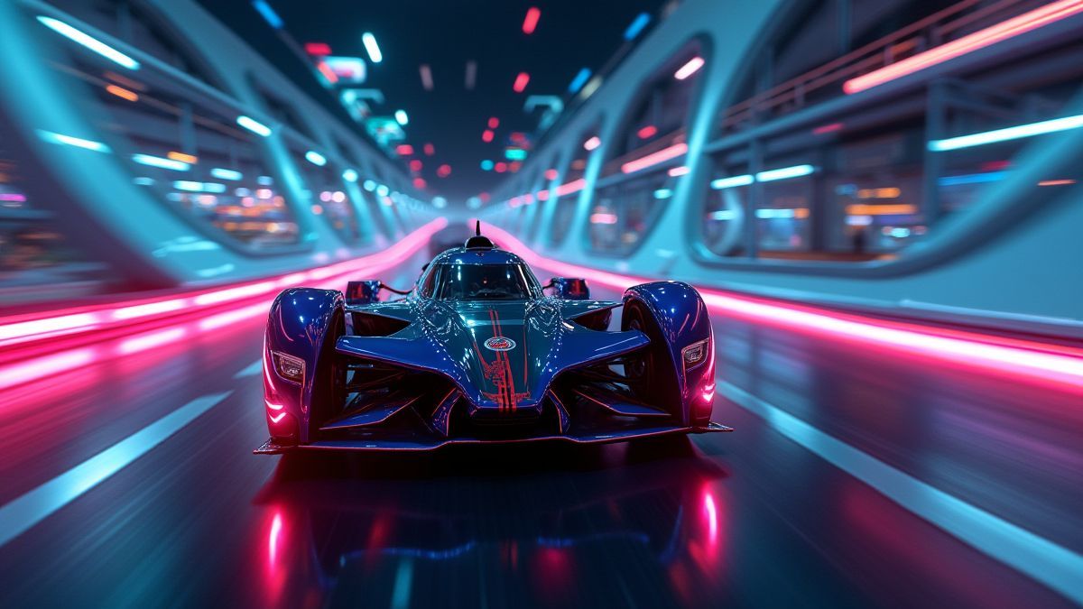 Carro futurista a toda velocidade em uma pista iluminada com luzes de néon.