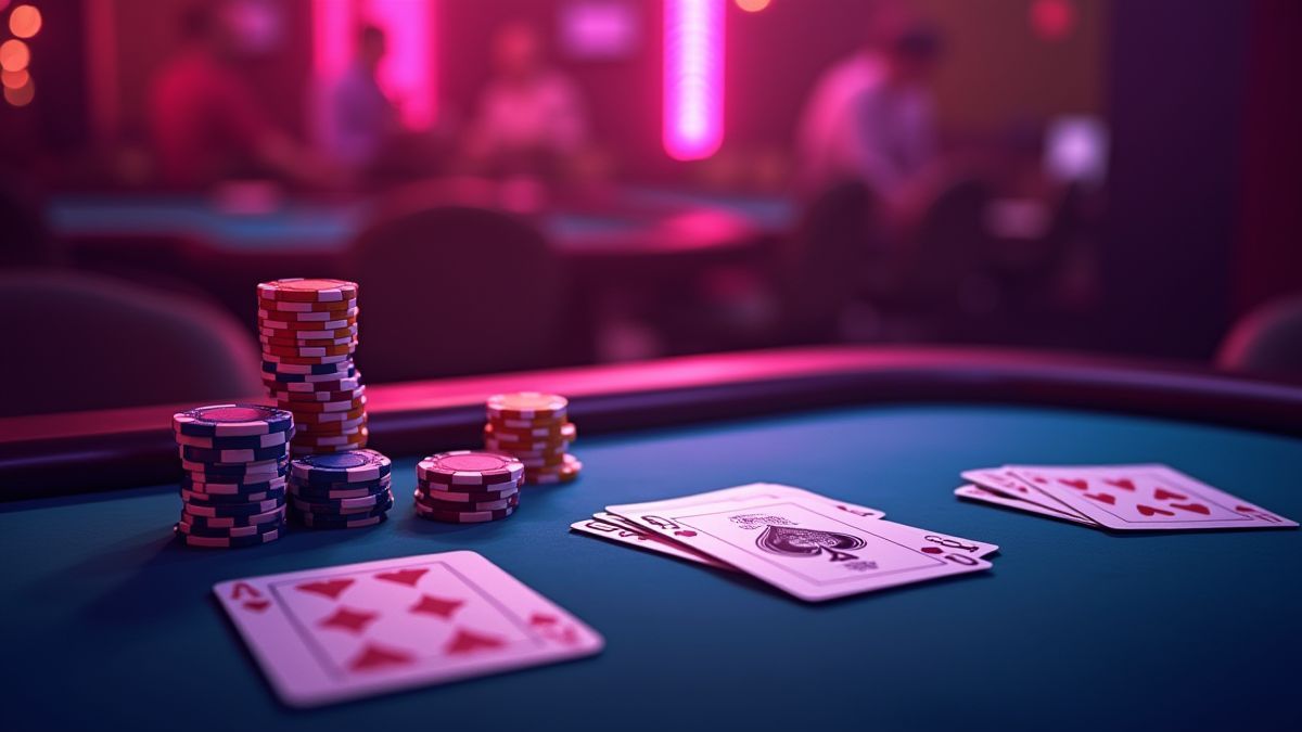 Mesa de cassino com cartas e fichas iluminada por luzes de néon.