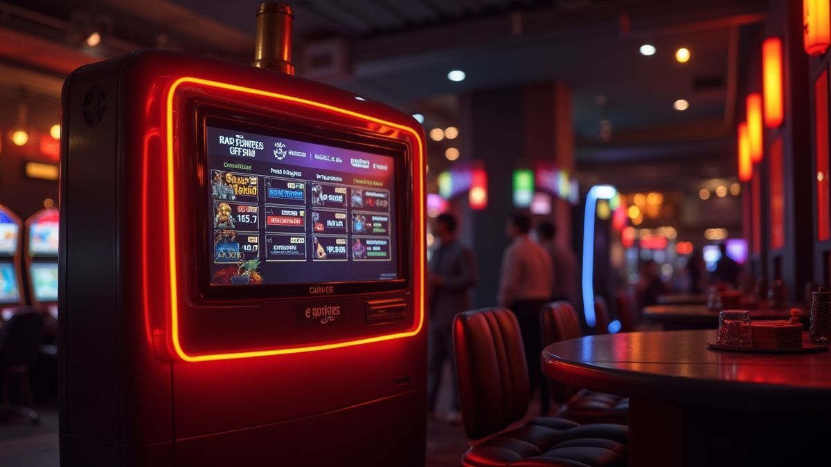 Ambiente acolhedor de cassino com uma tela iluminada mostrando opções de aposta.