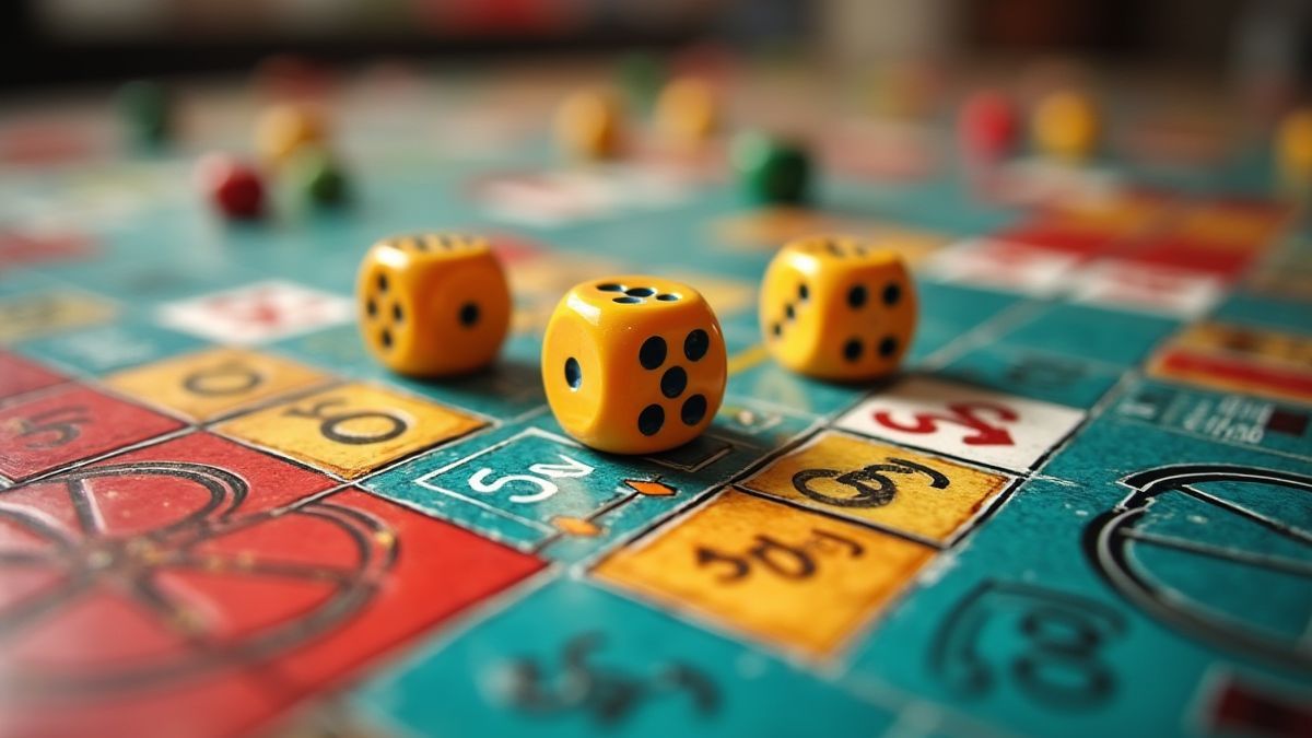 Ein bunter Spielbrett mit Rennelementen und Würfeln.