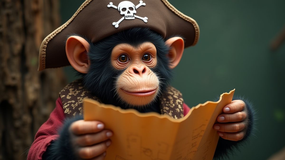 Ein Affe, der als Pirat verkleidet ist und eine Schatzkarte hält.