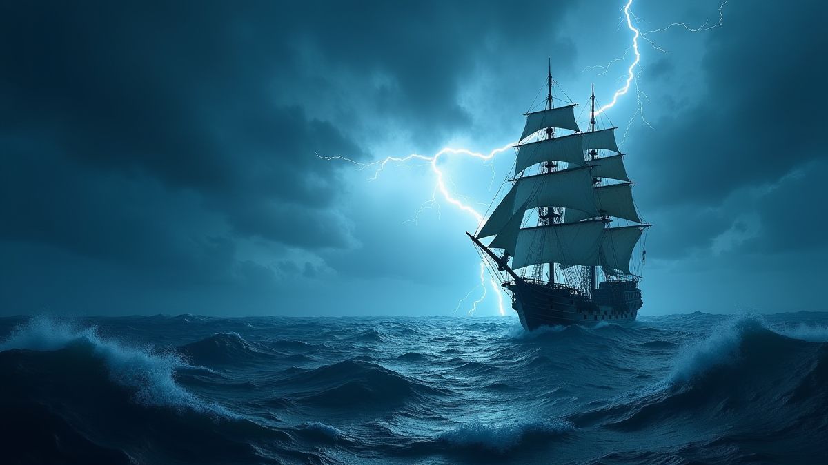 Ein stürmisches Meer mit Blitzen, die in der Nähe eines Piratenschiffes einschlagen.