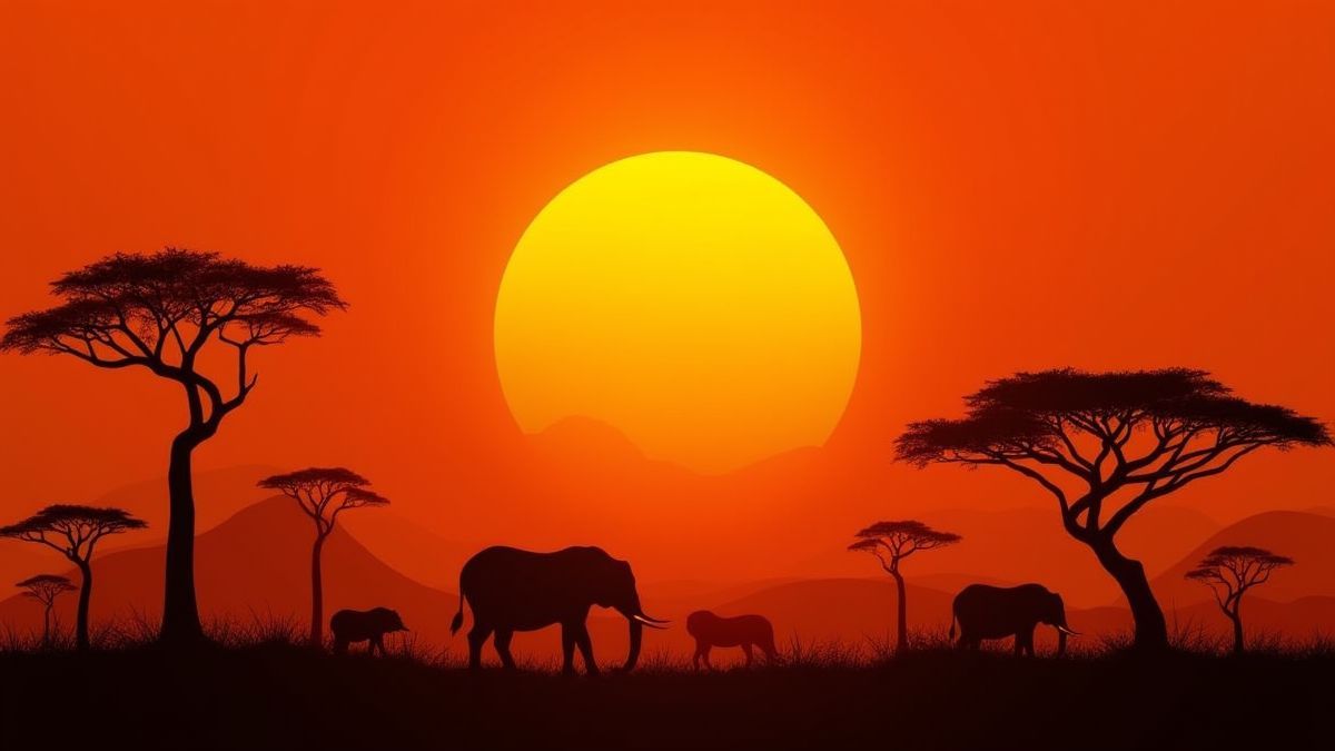 Ein afrikanischer Sonnenuntergang mit Silhouetten von Bäumen und Wildtieren.