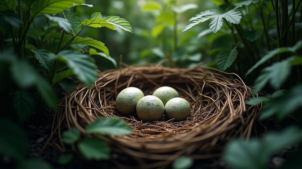 Nido de dinosaurios con huevos en medio de una jungla frondosa.