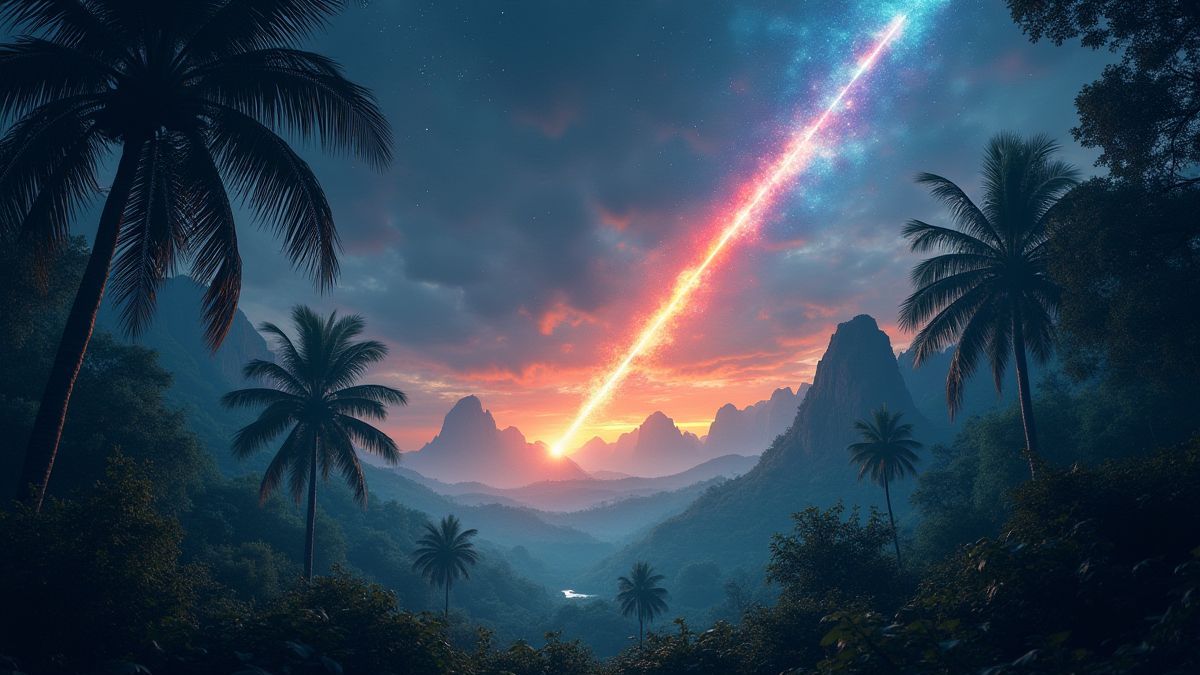 Meteoros caindo em uma jungla pré-histórica