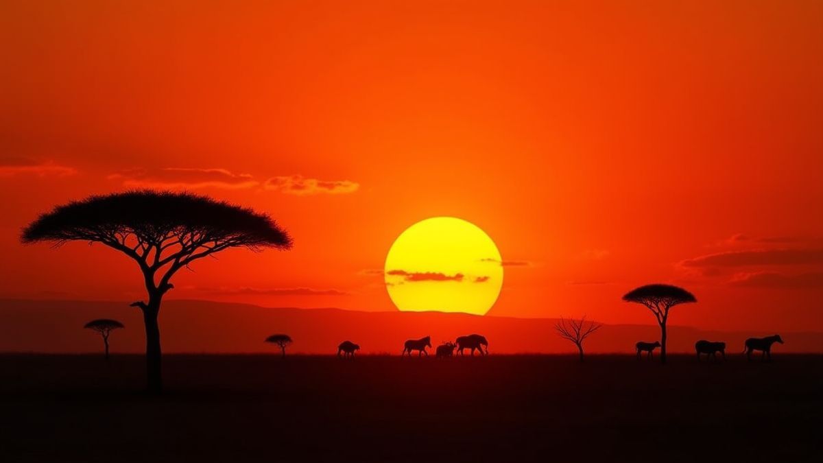 Puesta de sol en la sabana africana.