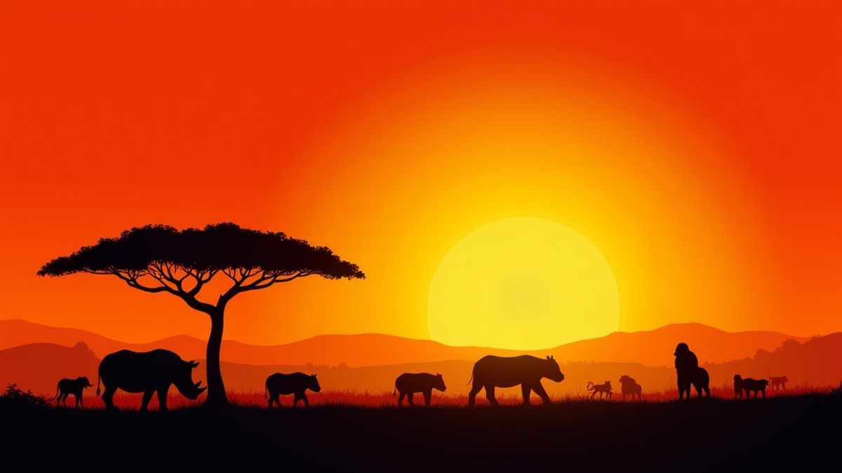 Coucher de soleil africain avec la silhouette d'un arbre et des animaux sauvages.