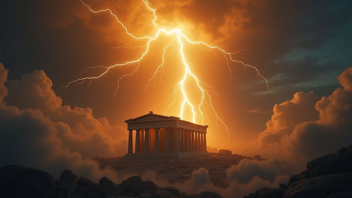 Ein goldener Blitz, der einen griechischen Tempel zwischen Wolken trifft.