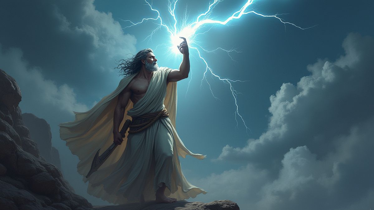 Zeus hält einen leuchtenden Blitz über den Himmel.