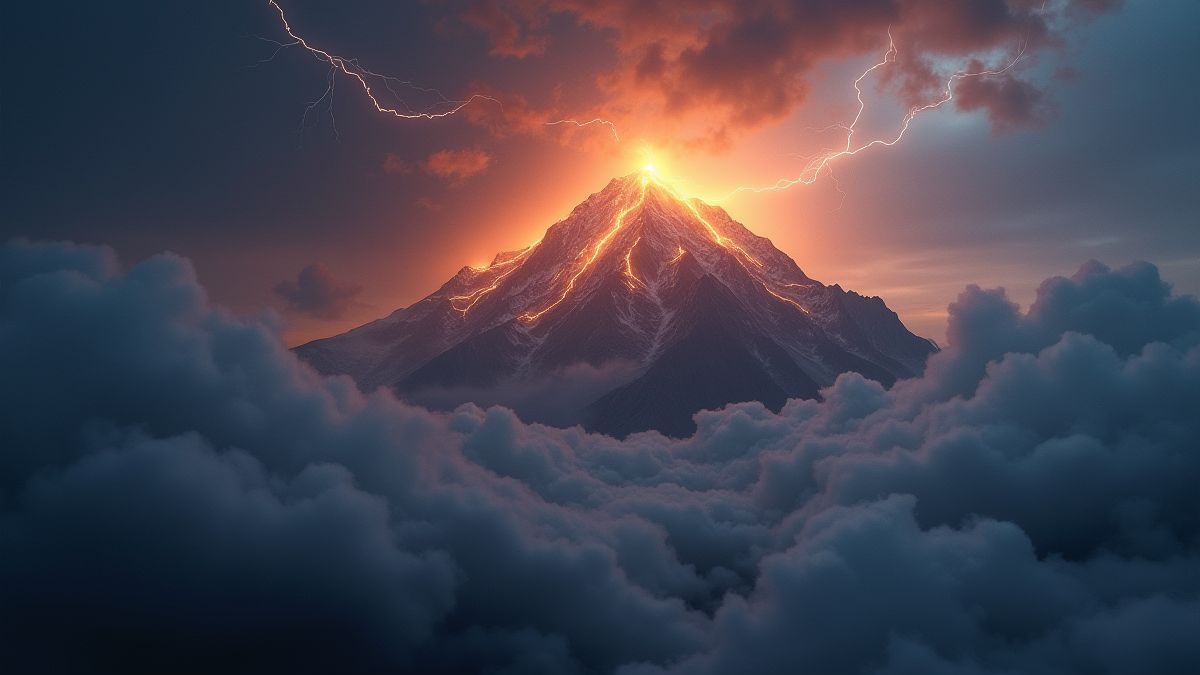 Leuchtender Olymp umgeben von Wolken und Blitzen.