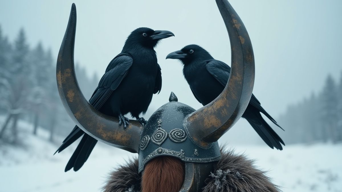 Cuervos de Odin sobre un casco vikingo en un paisaje nevado.