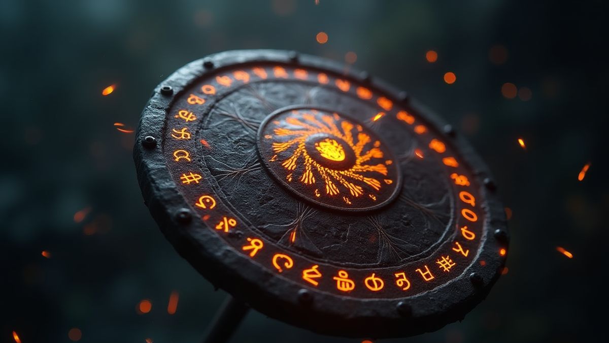 Runas nórdicas brillantes alrededor de un escudo vikingo.