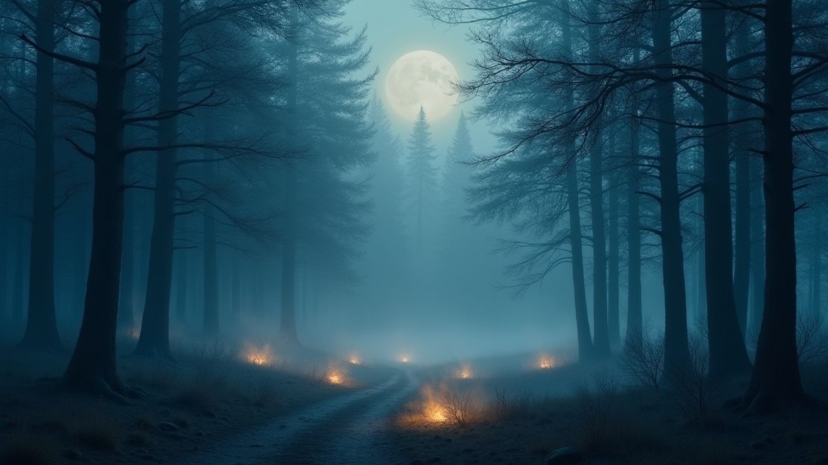 Glowing runes in a misty Nordic forest.