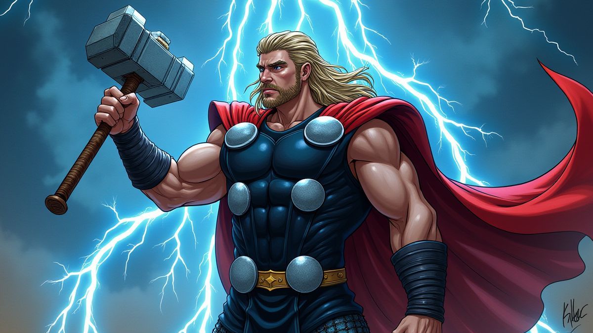 Thor with his hammer surrounded by lightning.