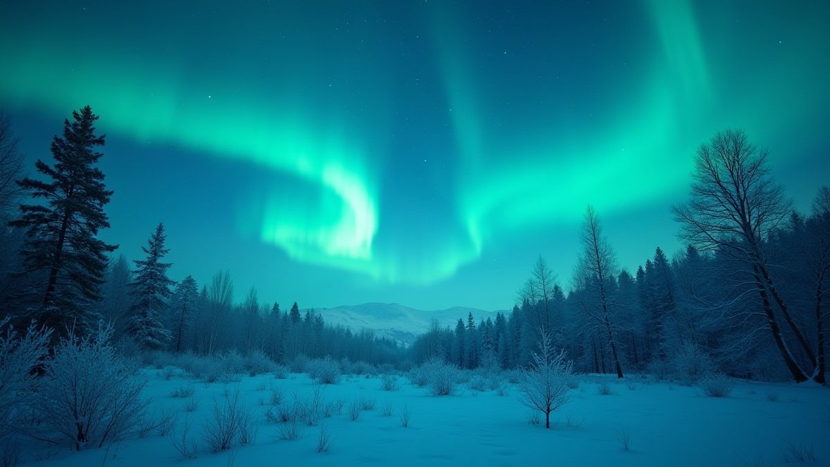 Nordlichter, die einen mystischen skandinavischen Wald erhellen.