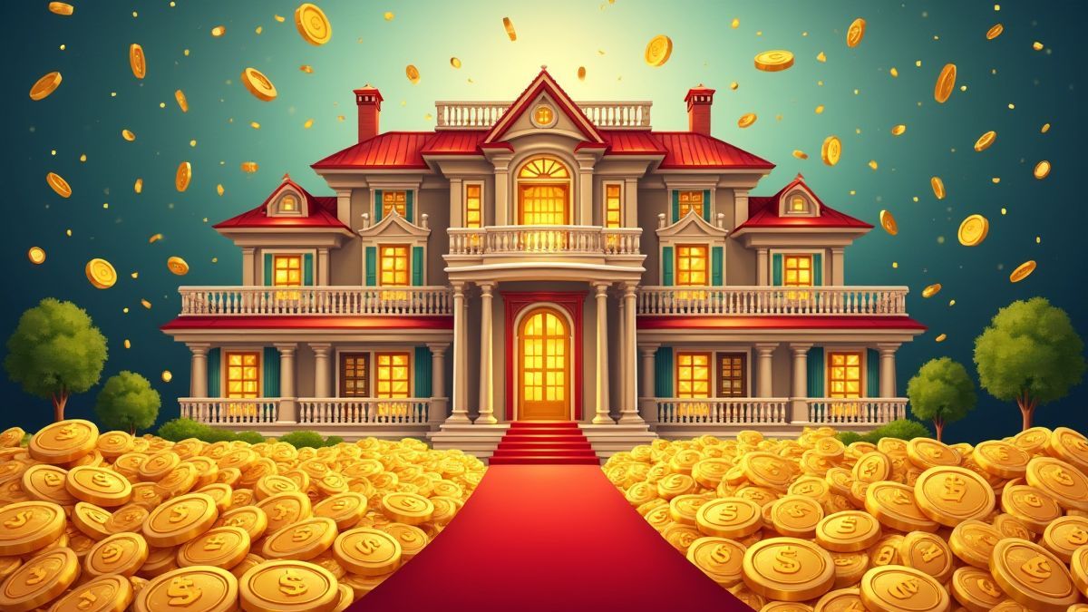 Mansión lujosa con monedas de oro y alfombra roja.