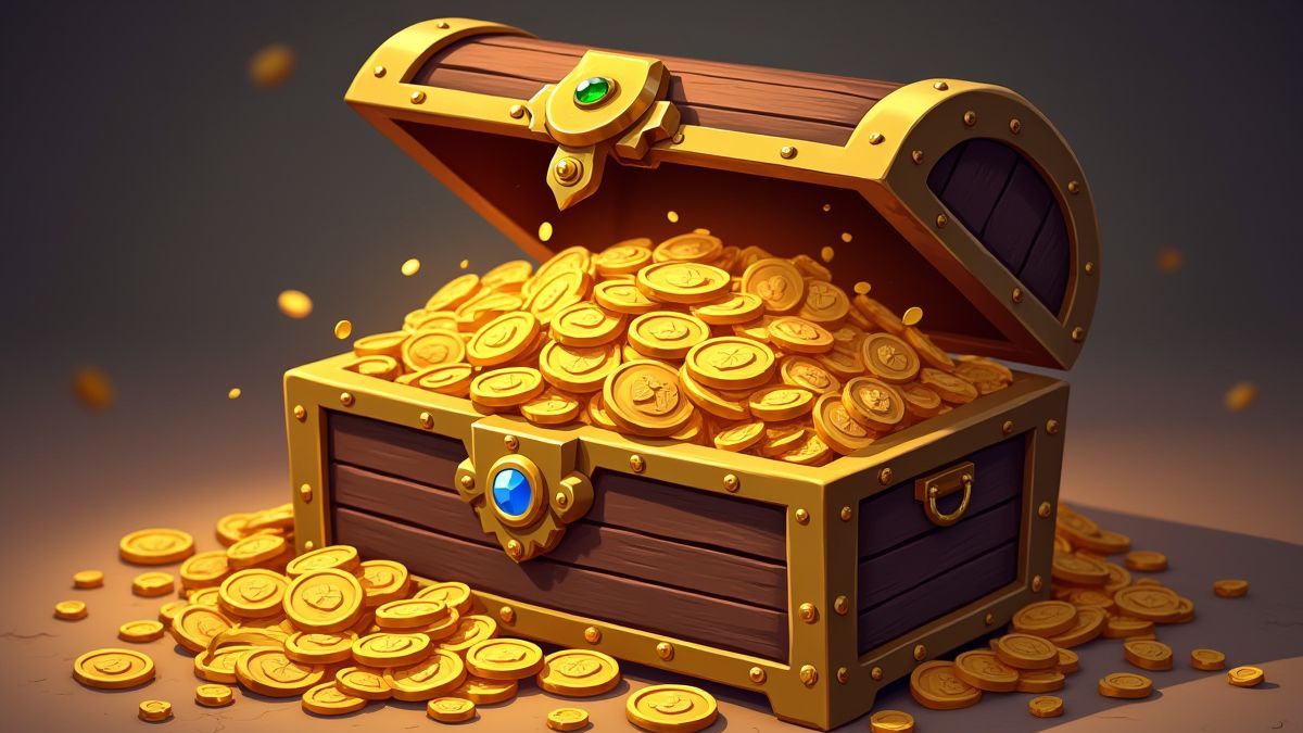 Cofre del tesoro lleno de monedas de oro y joyas.