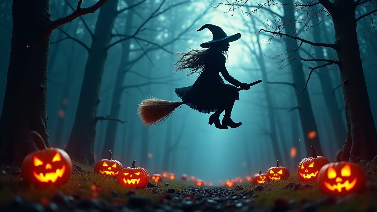 Una bruja volando sobre un bosque oscuro con calabazas iluminadas.