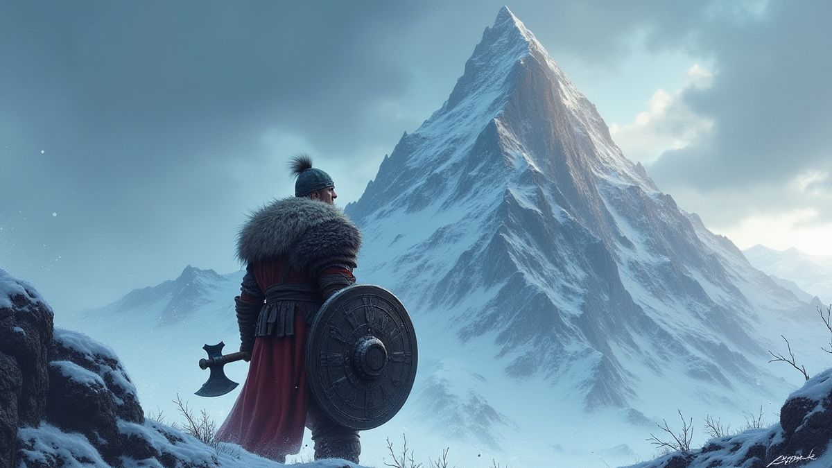 Un guerrero vikingo frente a una montaña nevada con un cielo tormentoso.