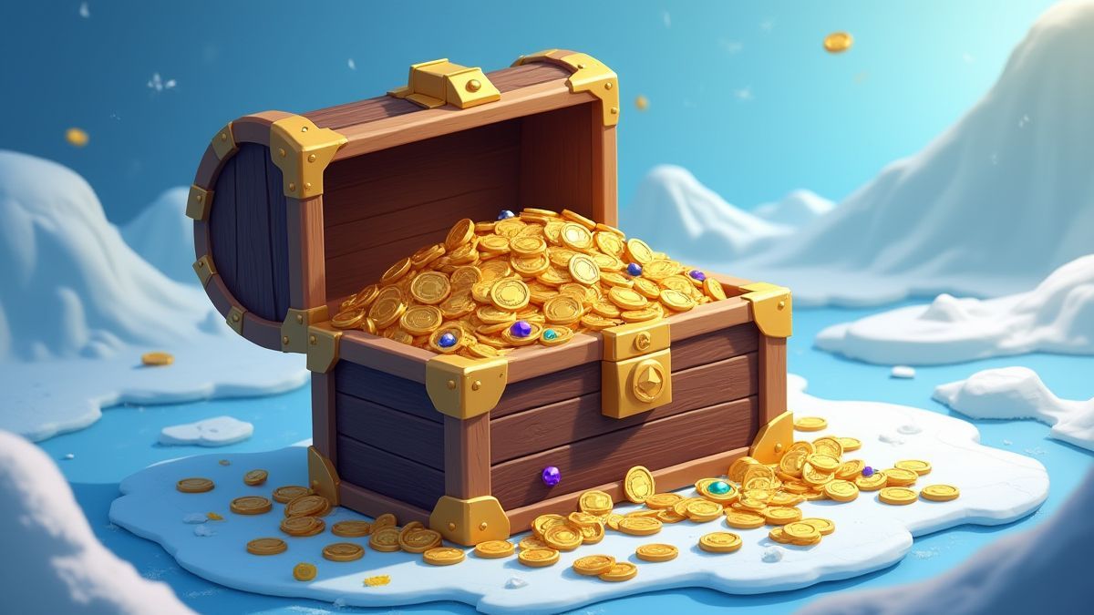 Un cofre del tesoro lleno de monedas de oro y joyas en un paisaje helado.