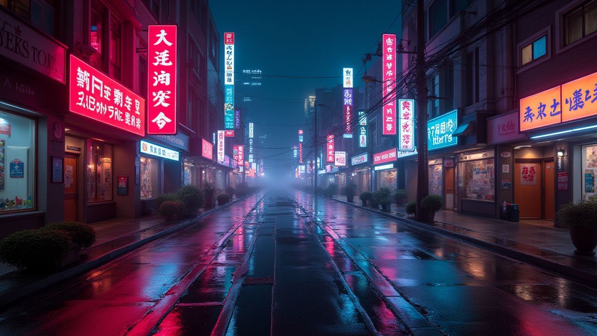 Neonschilder mit japanischen Zeichen in einer futuristischen Stadt.