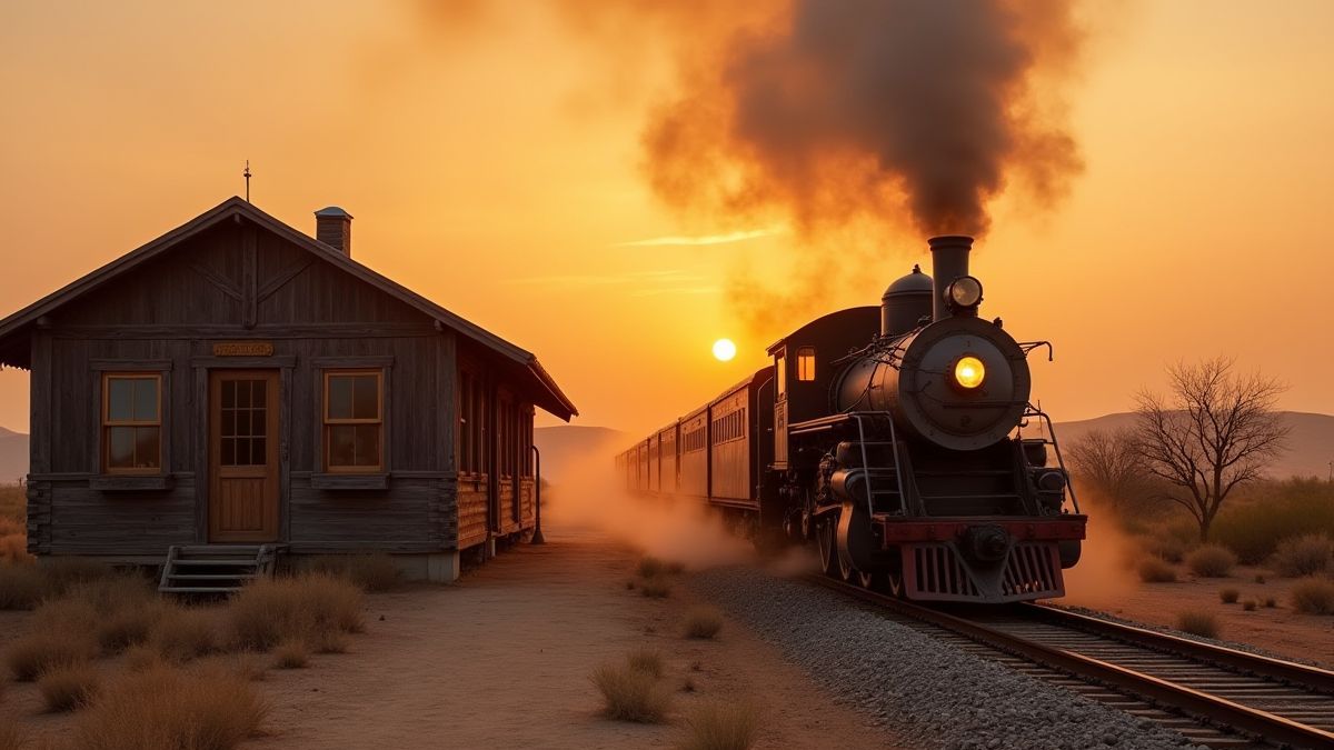 Eine vintage Dampflok, die bei Sonnenuntergang zu einer Holzbude in der Wüste fährt.