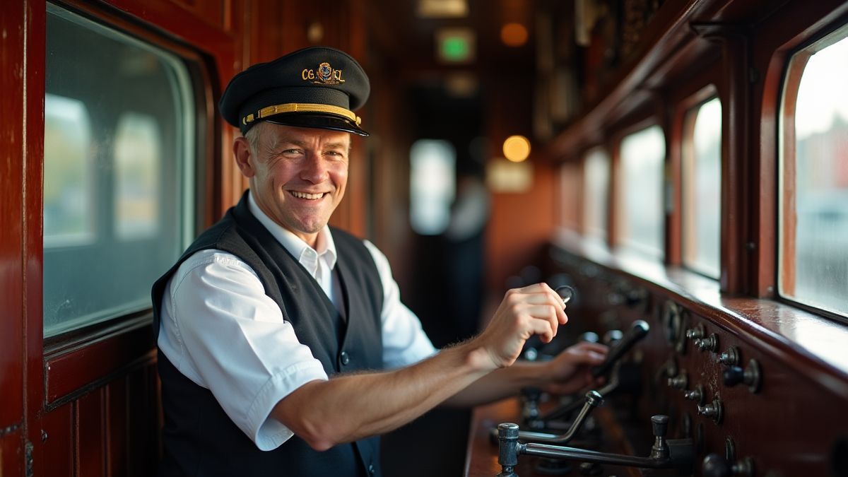 Ein fröhlicher Zugführer in einem Dampflok-Kabine, der Hebel zieht und lächelt.