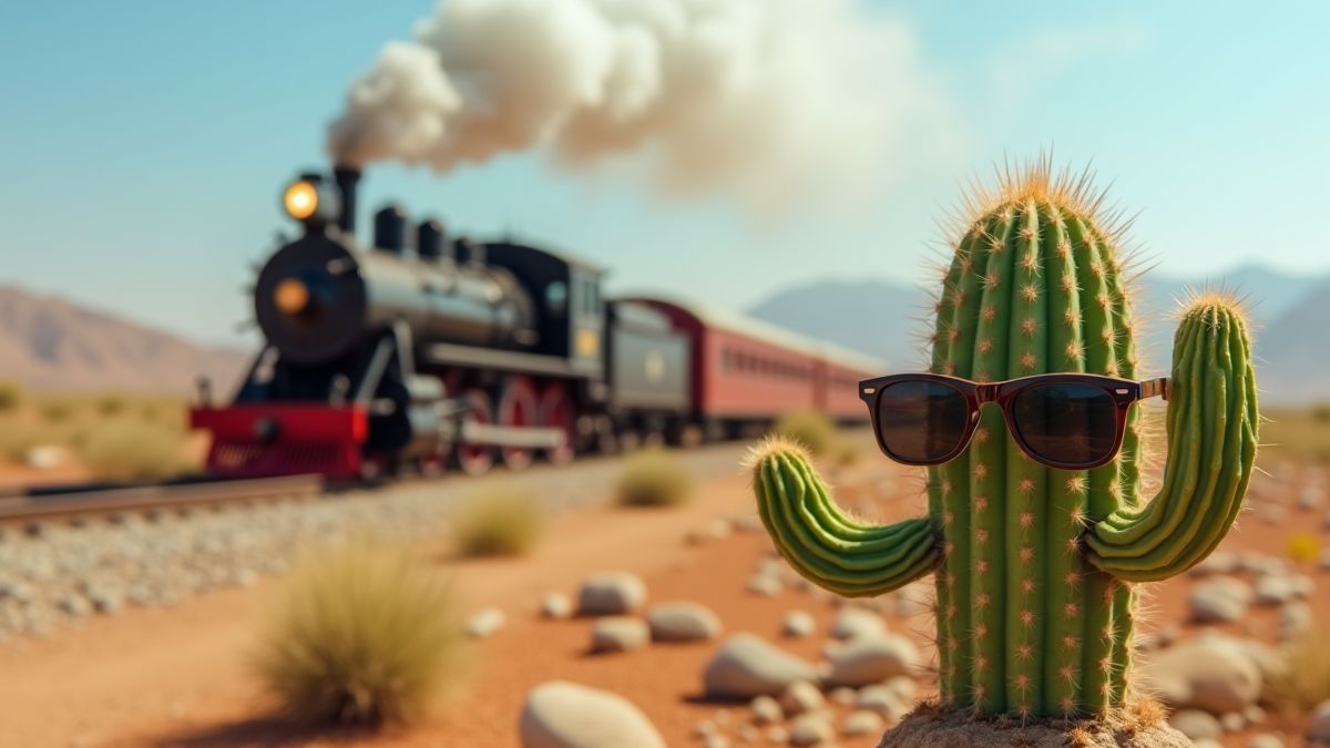 Ein Kaktus in der Wüste mit Sonnenbrille und einer Dampflok im Hintergrund.