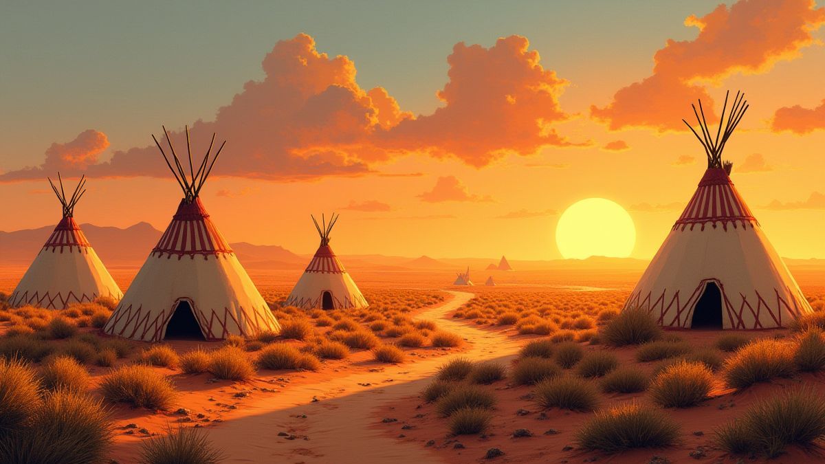 Campamento nativo americano en el desierto al atardecer.