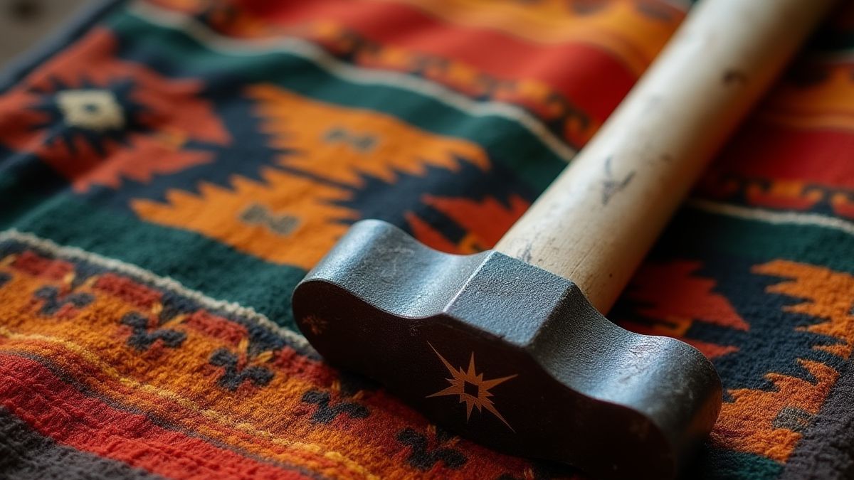 Un tomahawk sobre una manta con patrones nativos americanos.